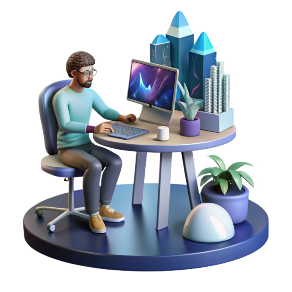 extraordinary artistic Modern Workplace 3D Render of Person Working at Computer original png