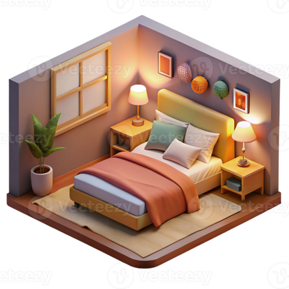 beautiful artistic Cozy 3D Isometric Bedroom Illustration high quality png