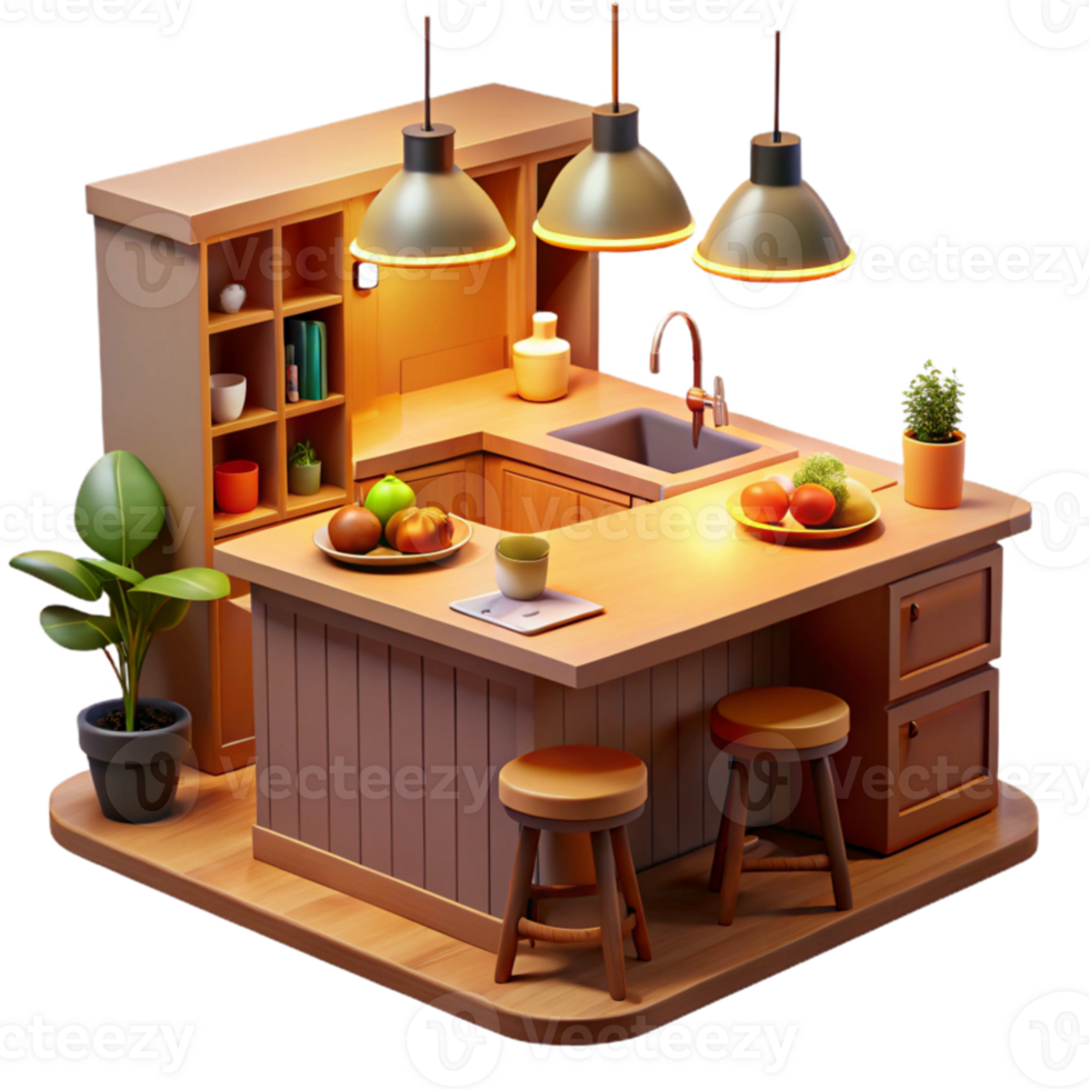 elegant contemporary 3D Render Cozy Kitchen Island high resolution png