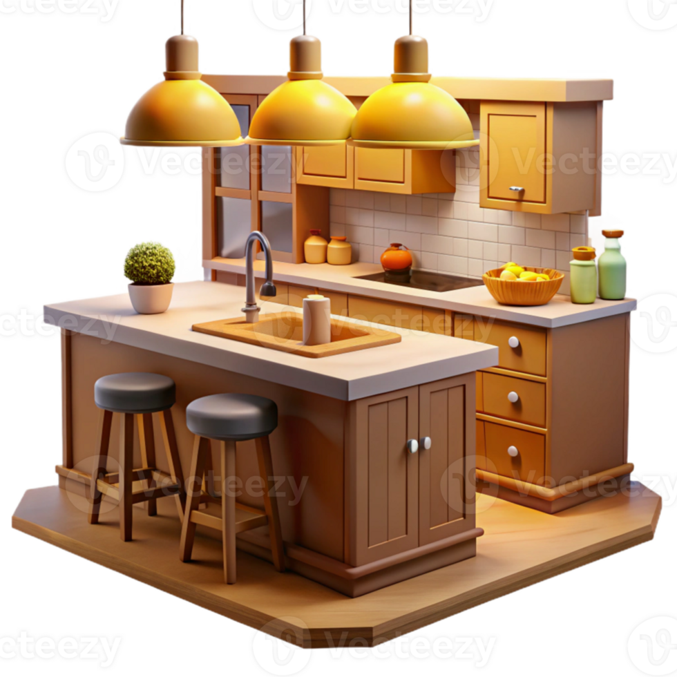 beautiful rustic 3D Render Cozy Kitchen Island Illustration high resolution png