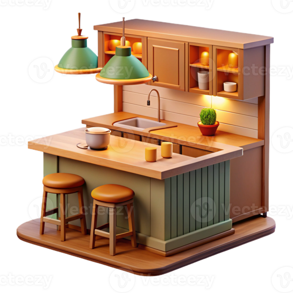 extraordinary minimalist Cozy Kitchen Island 3D Render premium png