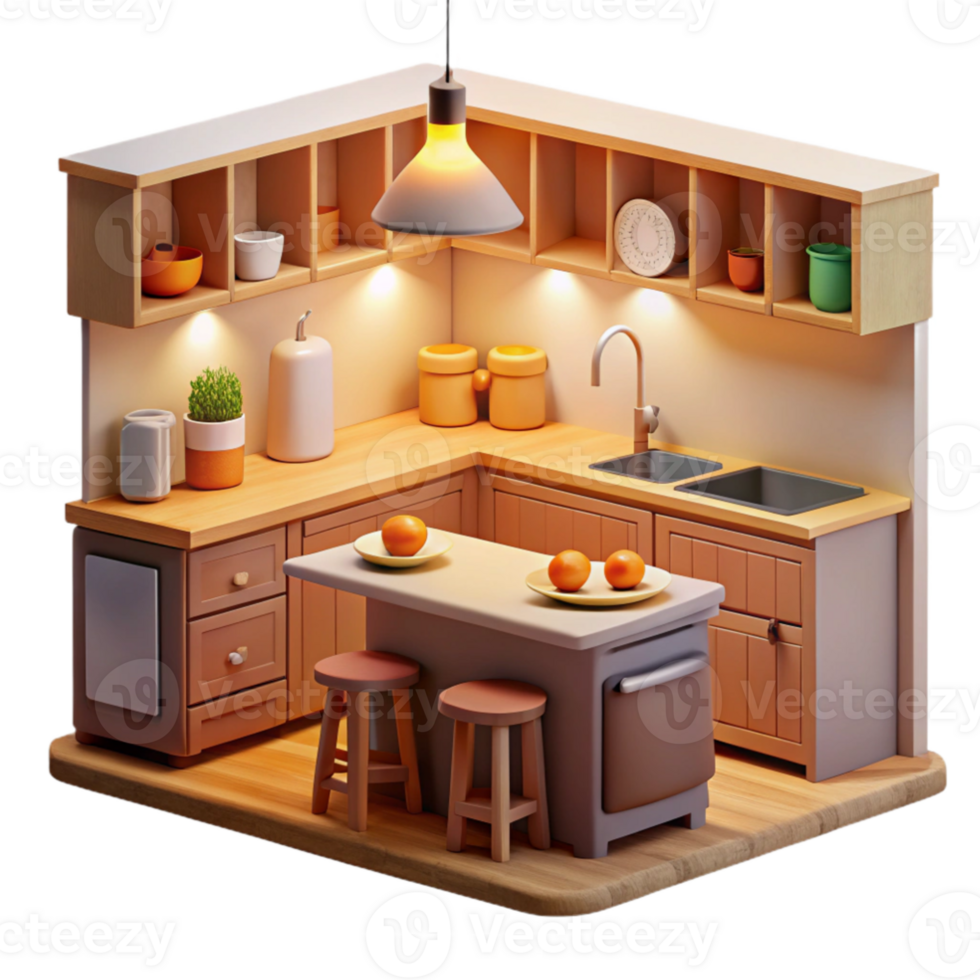 impressive classic Cozy 3D Rendered Kitchen Illustration authentic png