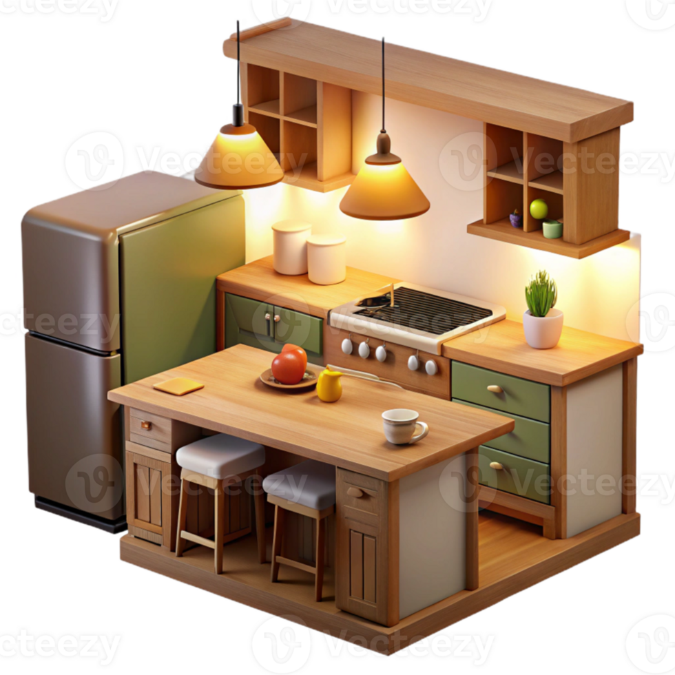 impressive classic Cozy 3D Kitchen Illustration detailed png