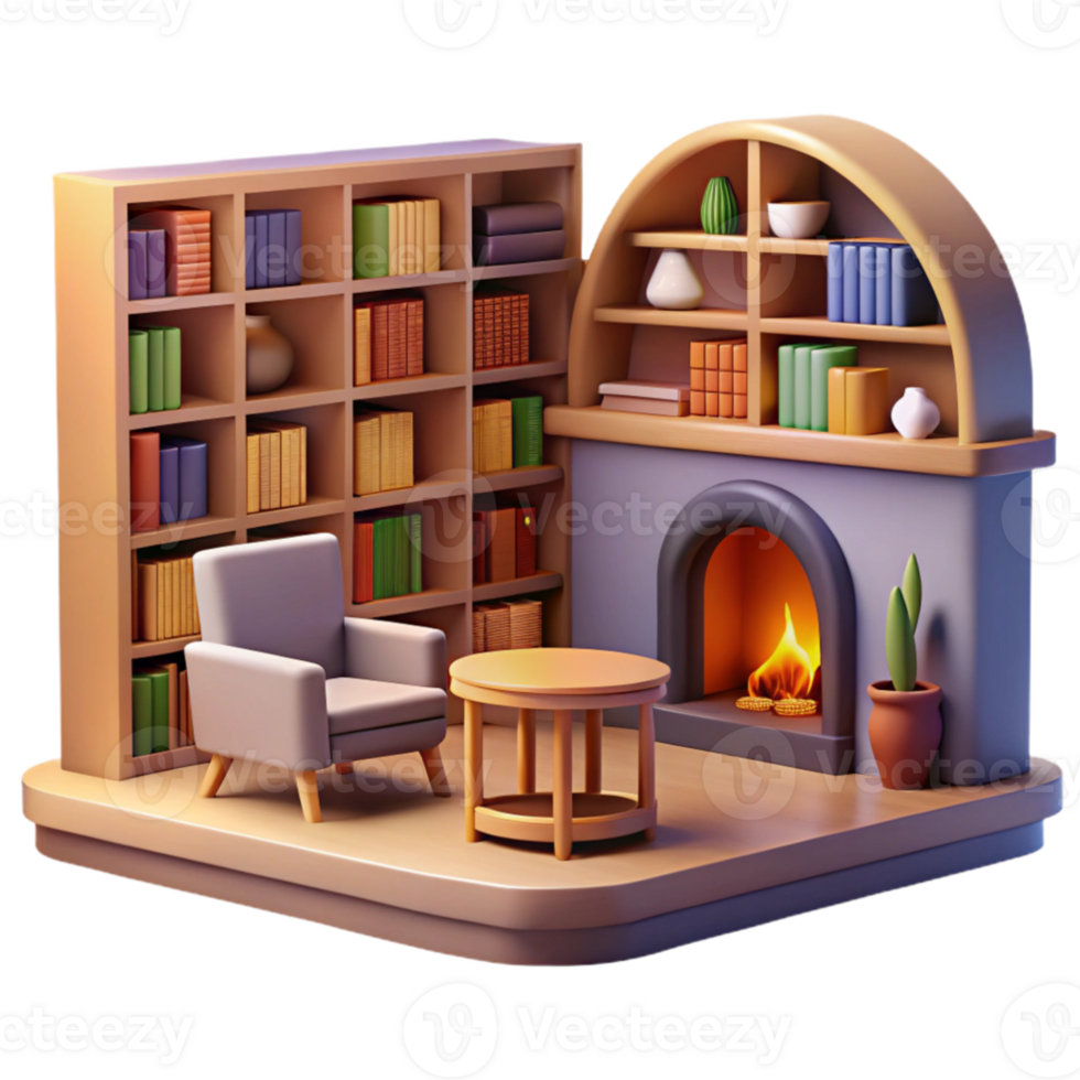 vibrant classic Cozy 3D Room Illustration Fireplace, Bookshelves, and Chair detailed png