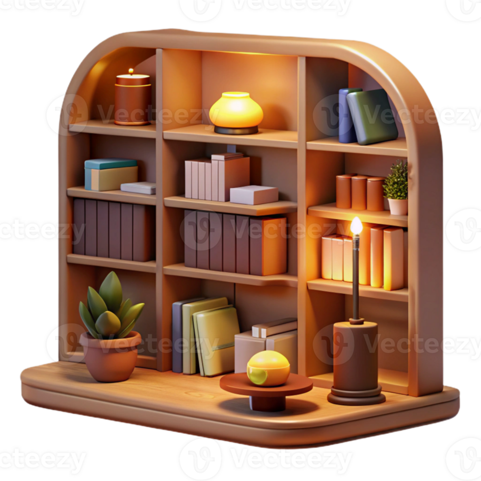 magnificent contemporary Cozy 3D Render Bookshelf Illustration genuine png