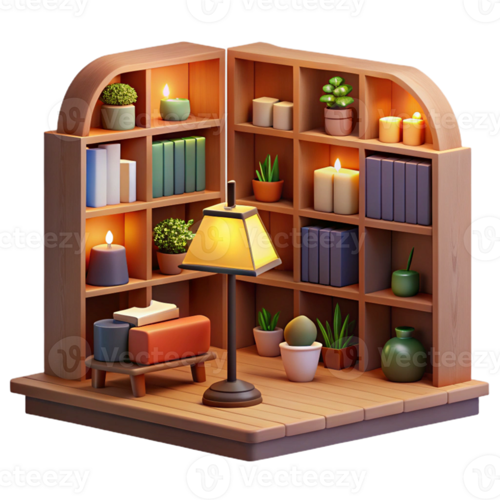 dramatic modern Cozy 3D Room Illustration Bookshelves, Plants, and Candles genuine png