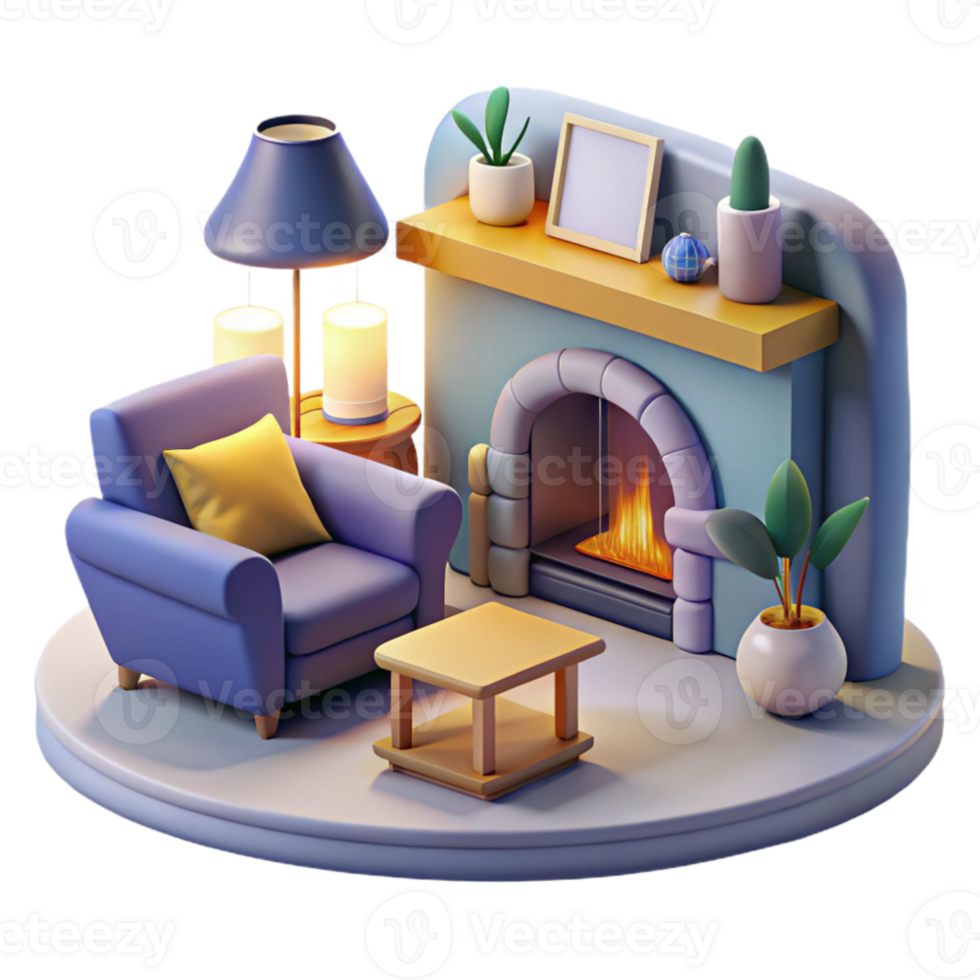 beautiful modern Cozy 3D Render of a Fireplace Room detailed png