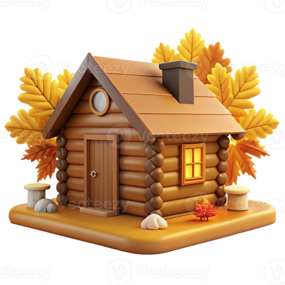 serene rustic Autumn Log Cabin 3D Render high resolution png