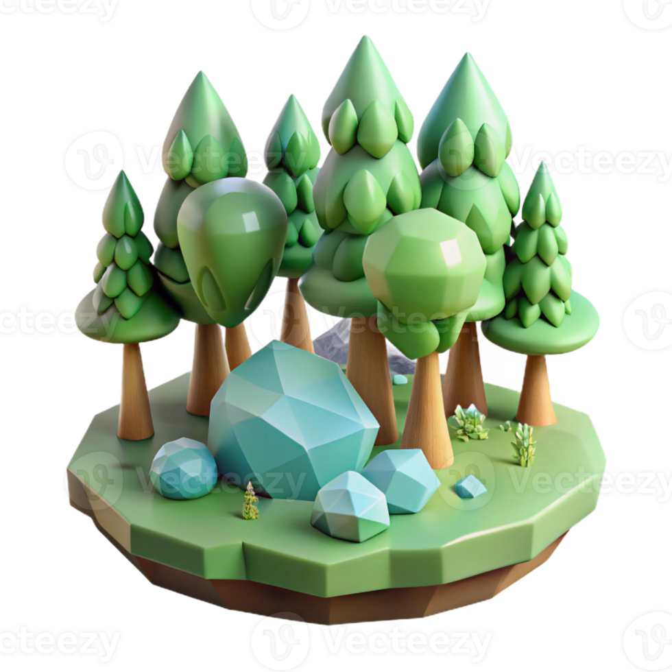 extraordinary minimalist Stylized 3D Forest Island Render detailed png