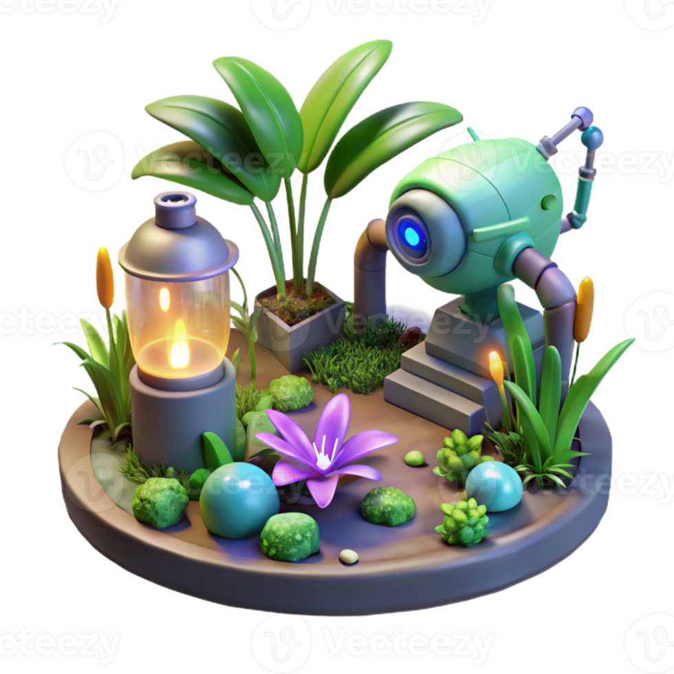 dramatic classic 3D Render of a Robot in a Miniature Garden authentic png
