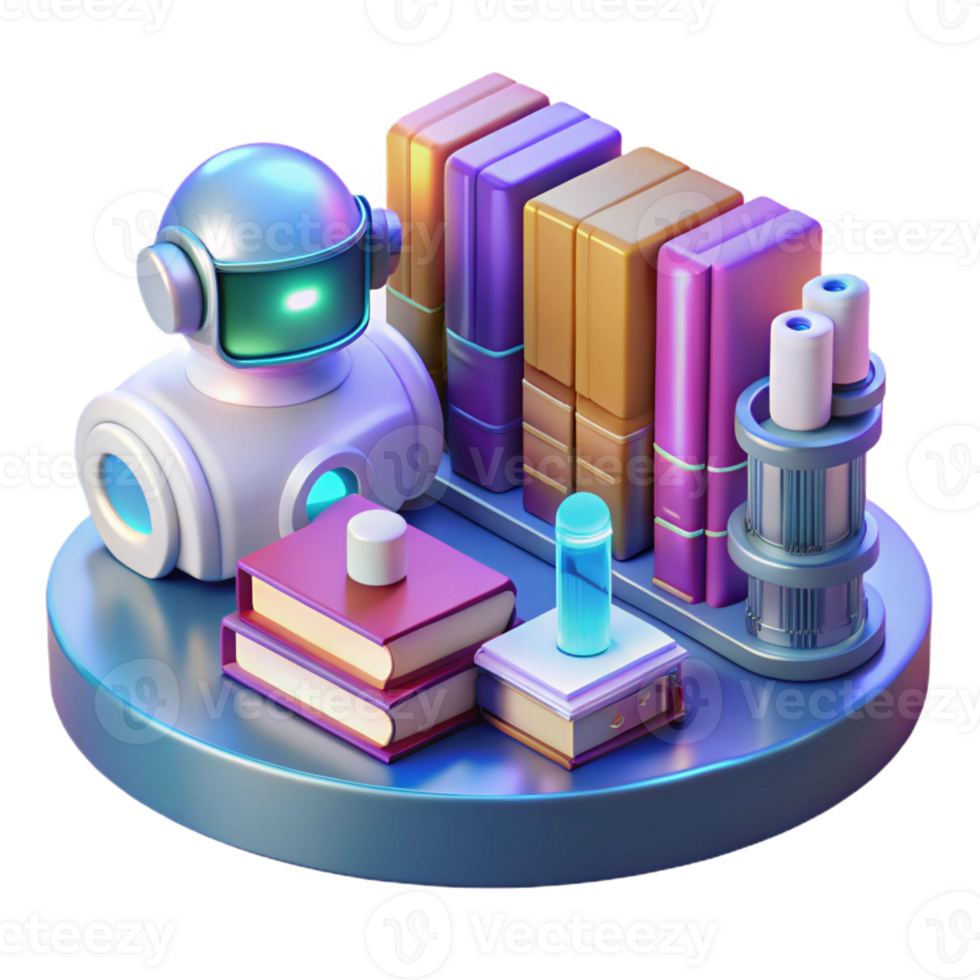 wonderful artistic Robot and Books 3D Illustration high quality png
