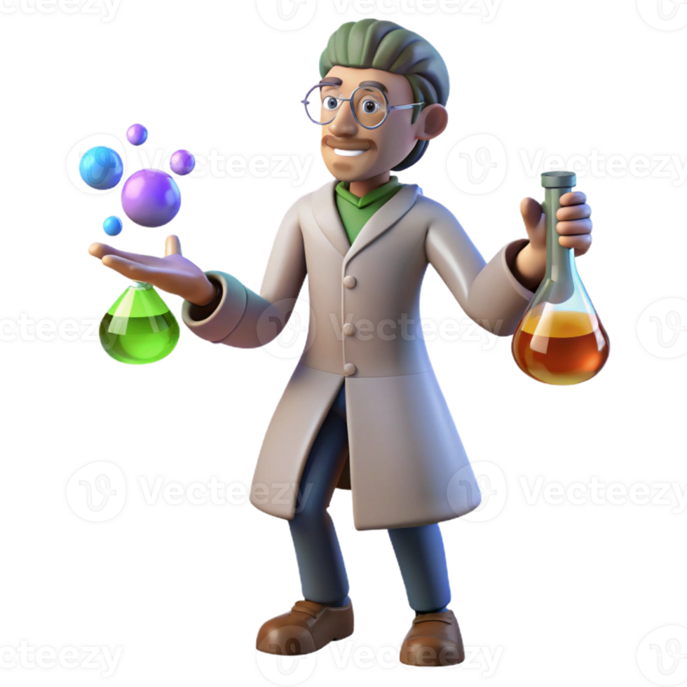 impressive classic 3D Cartoon Scientist with Lab Flasks professional png