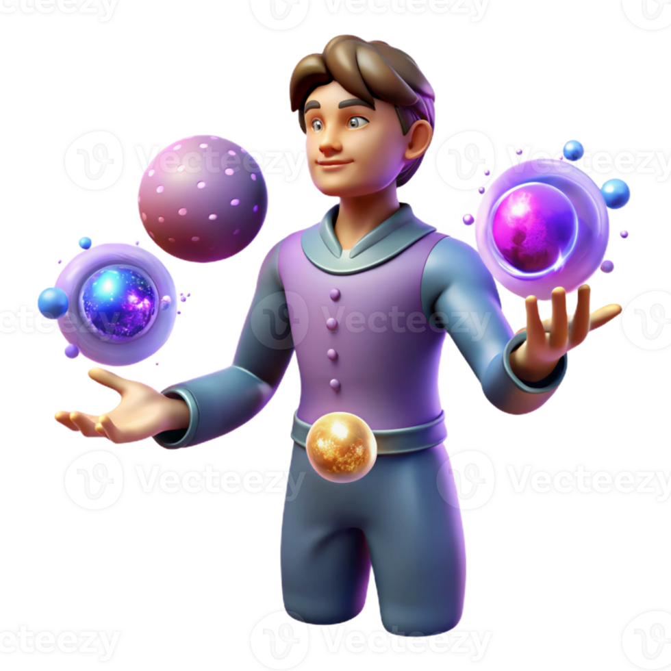 elegant artistic 3D Render Juggling Boy with Magical Spheres genuine png