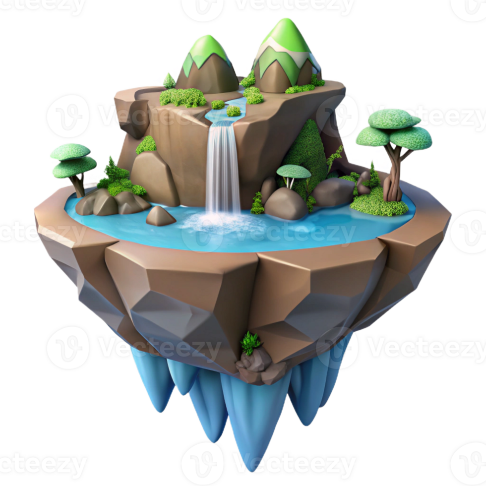 beautiful modern 3D Low Poly Island Waterfall detailed png