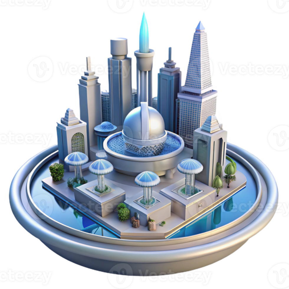 impressive abstract Futuristic City Island 3D Render high resolution png