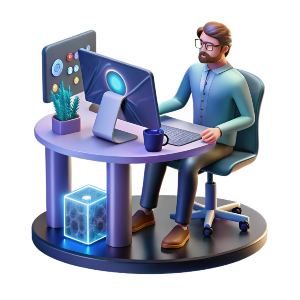 elegant artistic 3D Render Person Working at Computer high quality png