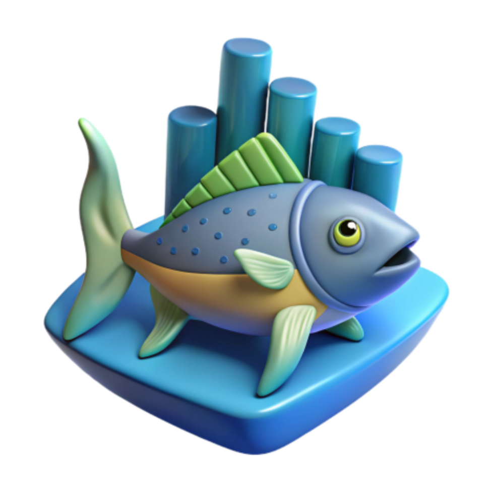impressive artistic Oceanic Growth Fish and Chart 3D Model authentic png