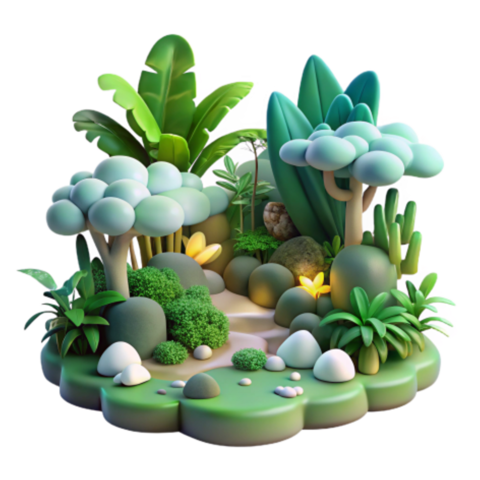 stunning traditional Enchanted 3D Tropical Garden Lush Plants, Stones, and Glowing Flowers authentic png