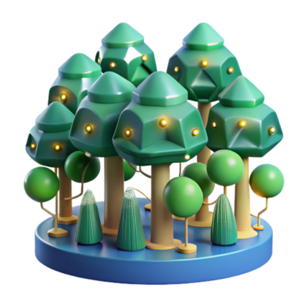 vibrant abstract Enchanted Forest Illuminated Trees, 3D Render authentic png
