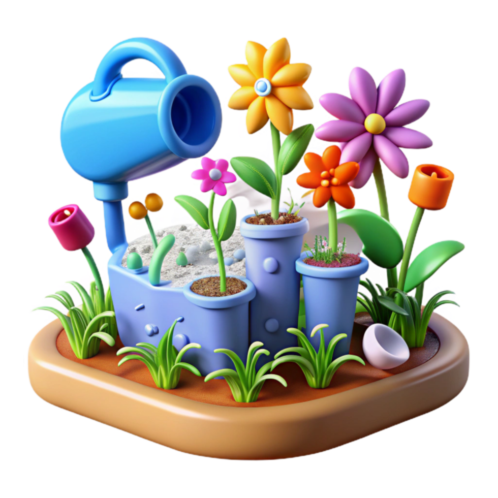 beautiful rustic Watering Can Colorful Flowers in Pots 3D Garden Scene authentic png