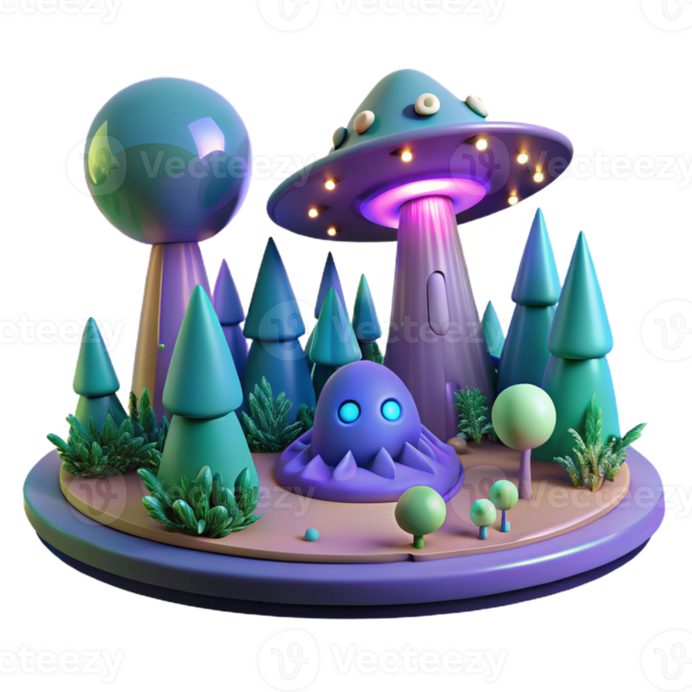 impressive creative 3D Cartoon Forest with UFO high quality png