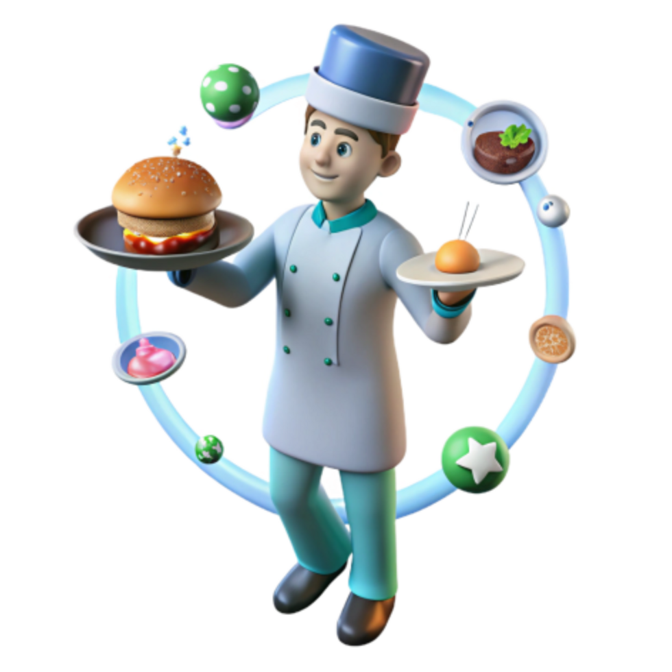 serene modern Chef Juggling Food Delicious Burger, Steak, and More professional png