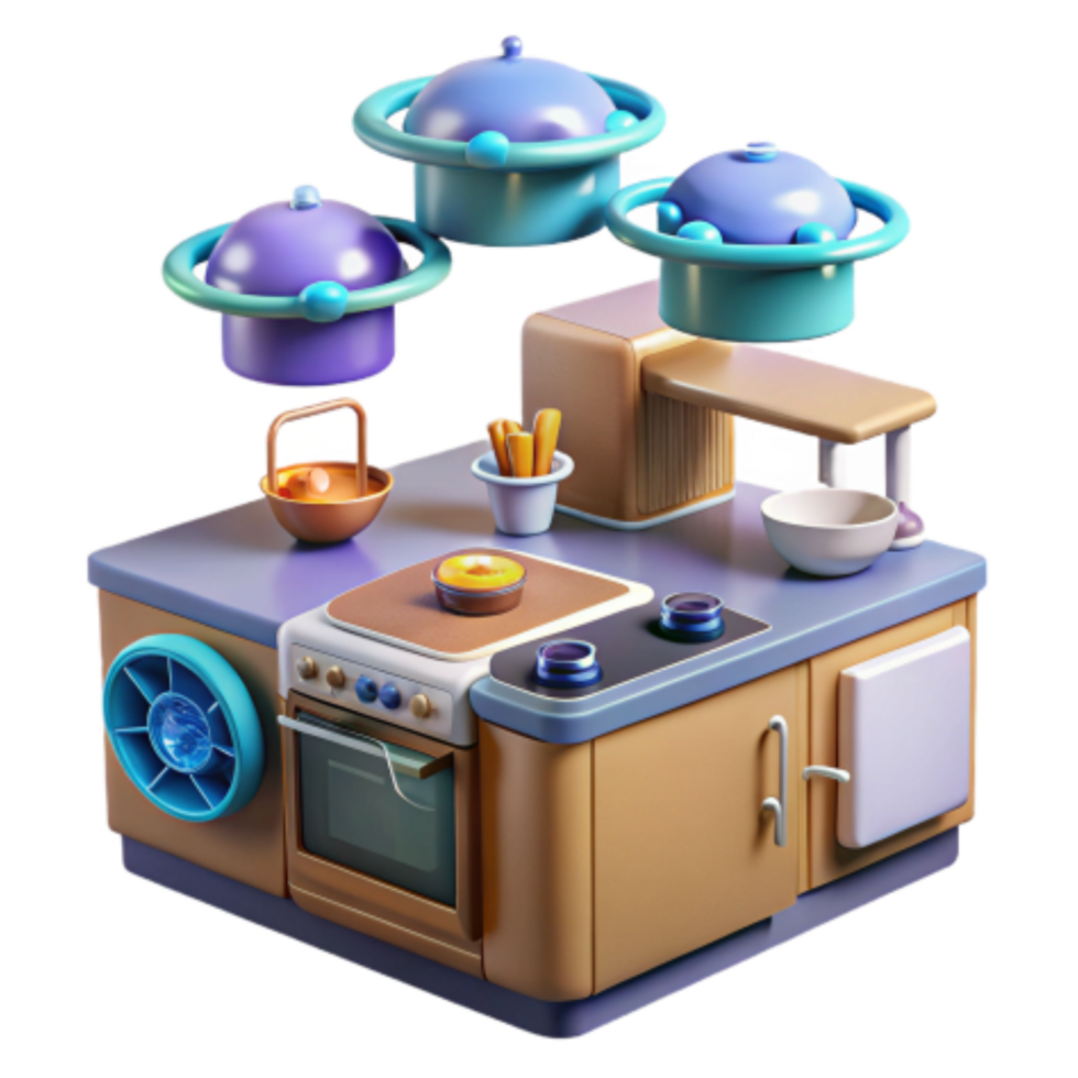 wonderful rustic Kitchen Island with Floating Pots and Oven high resolution png