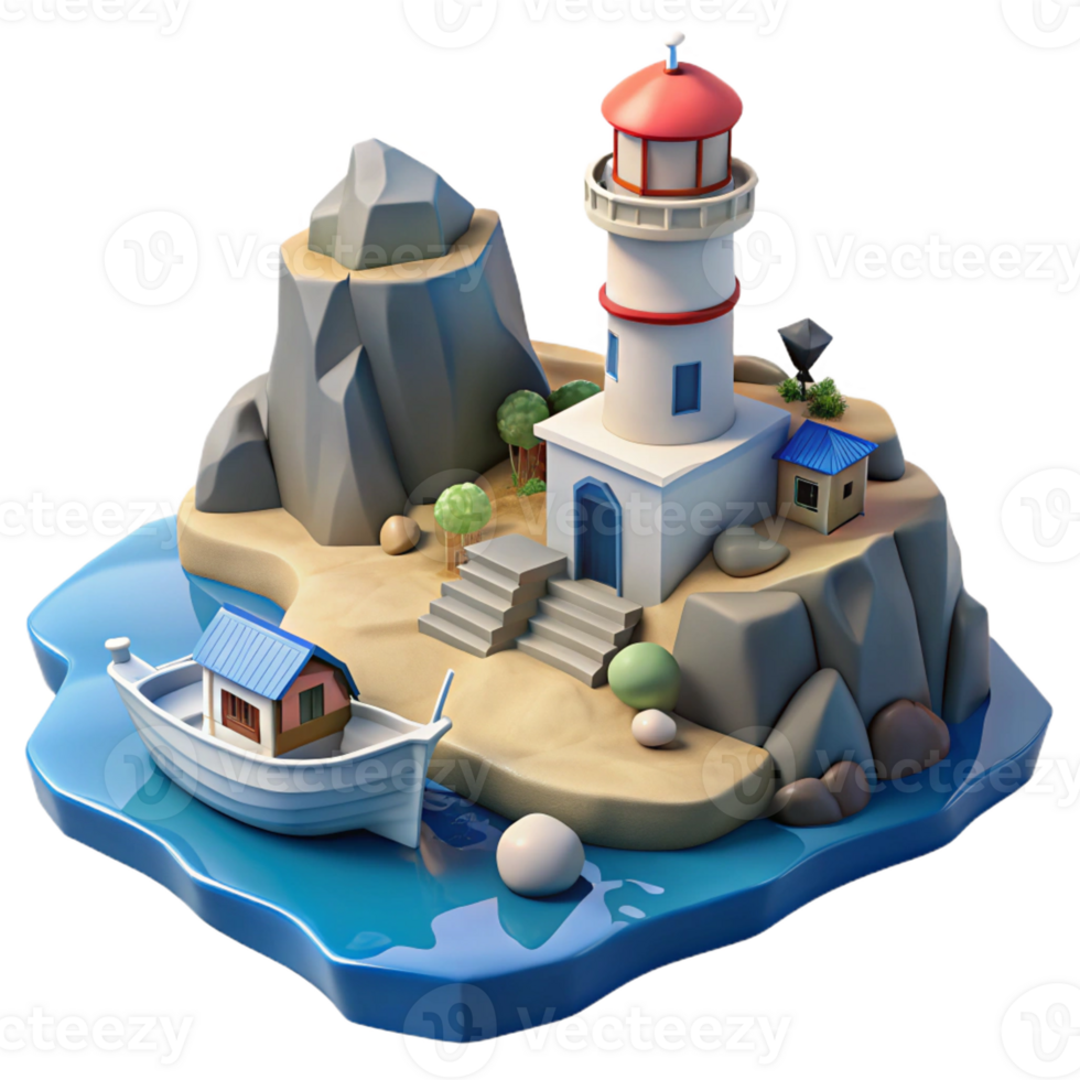 impressive classic Lighthouse Island 3D Render detailed png