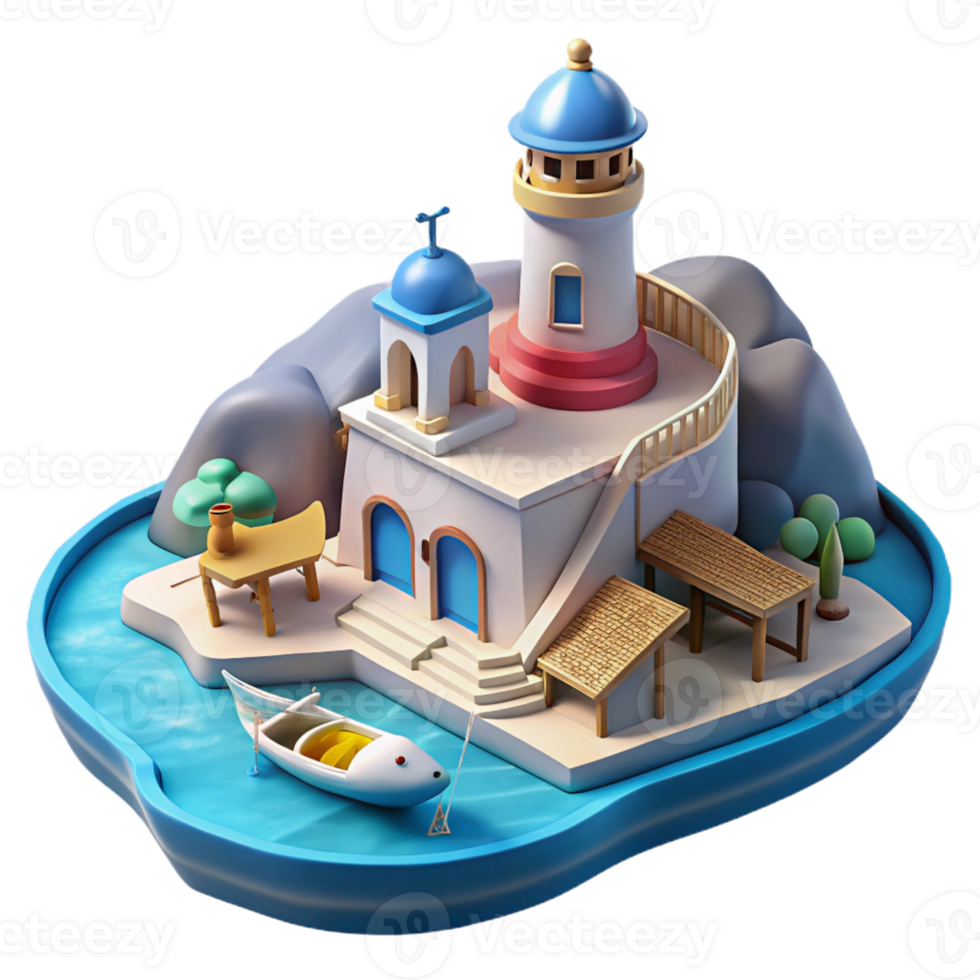 elegant artistic Coastal Island Lighthouse 3D Model original png