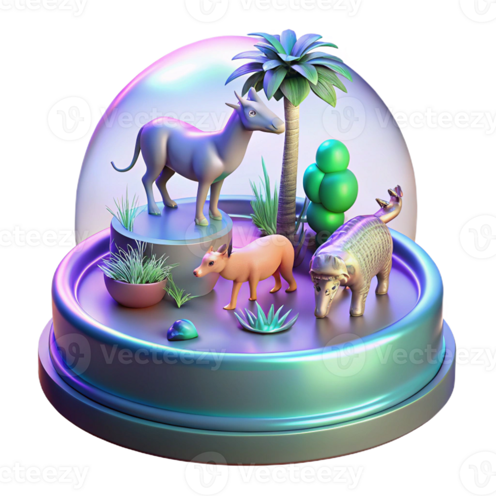 stunning traditional 3D Render of Extinct Animals in a Snow Globe high resolution png