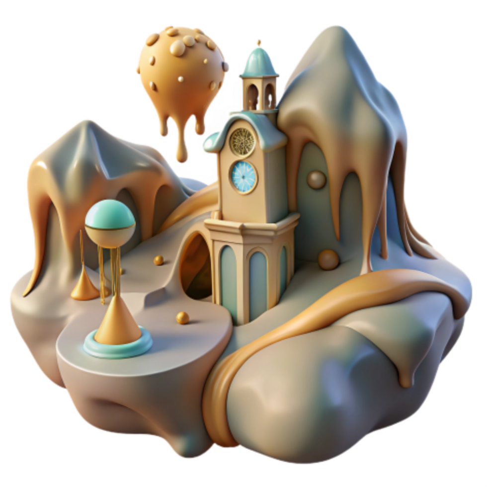 magnificent rustic Whimsical Clock Tower on a Melted Landscape detailed png
