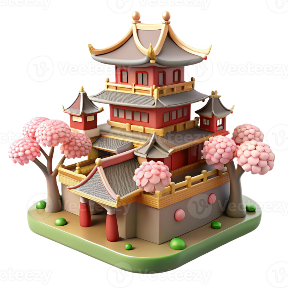 magnificent contemporary 3D Render Asian Temple with Cherry Blossoms original png