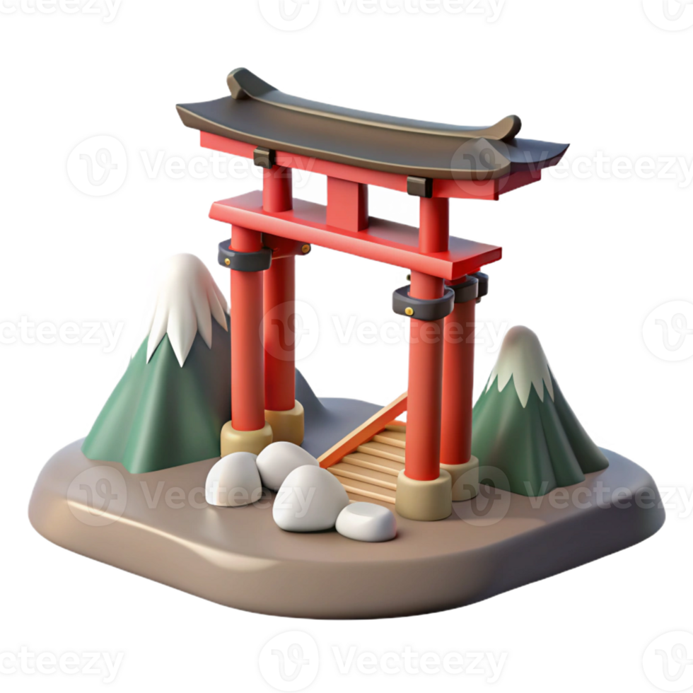 impressive vintage 3D Render Torii Gate, Mountains, Stones genuine png