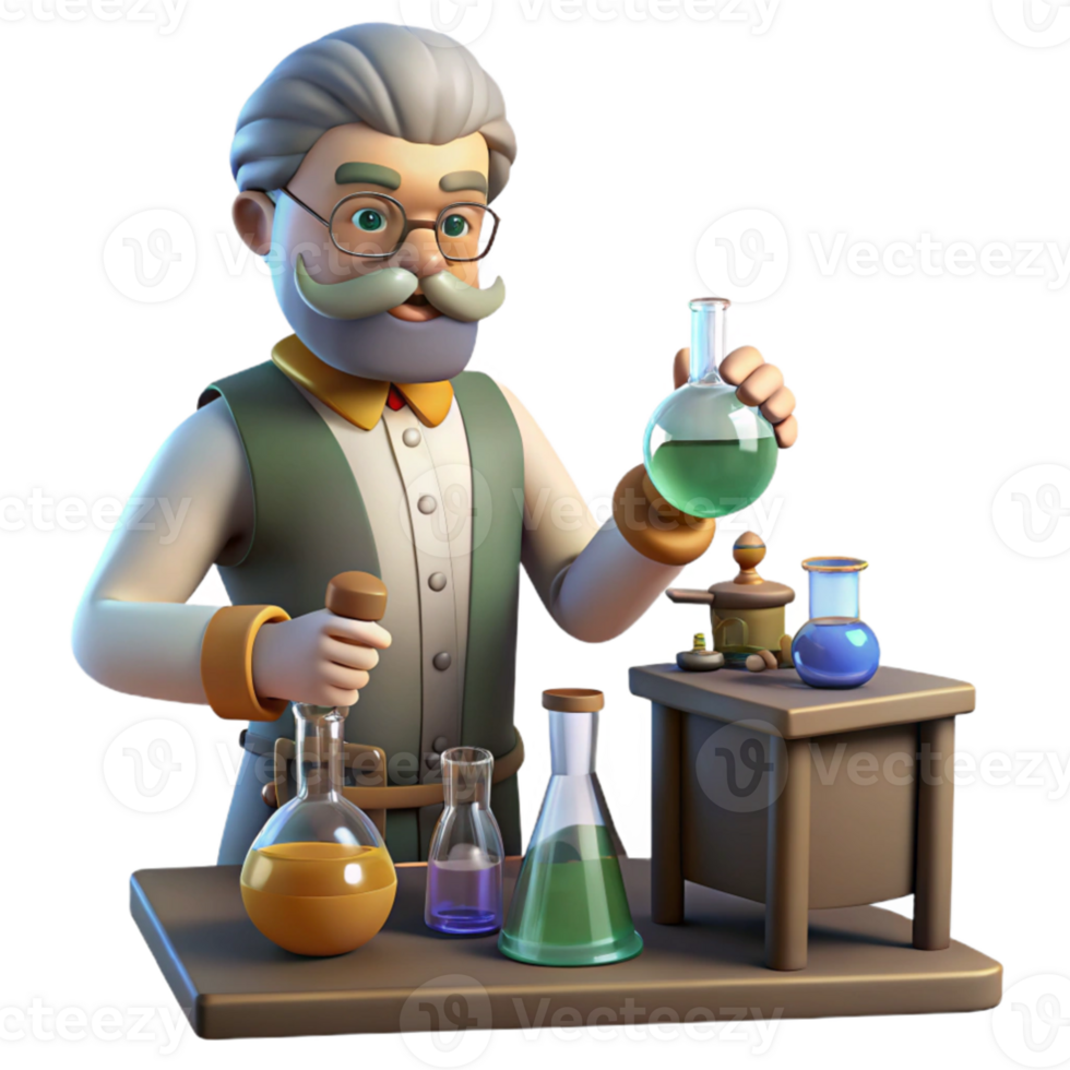 wonderful rustic 3D Cartoon Scientist Alchemy Illustration 4K png