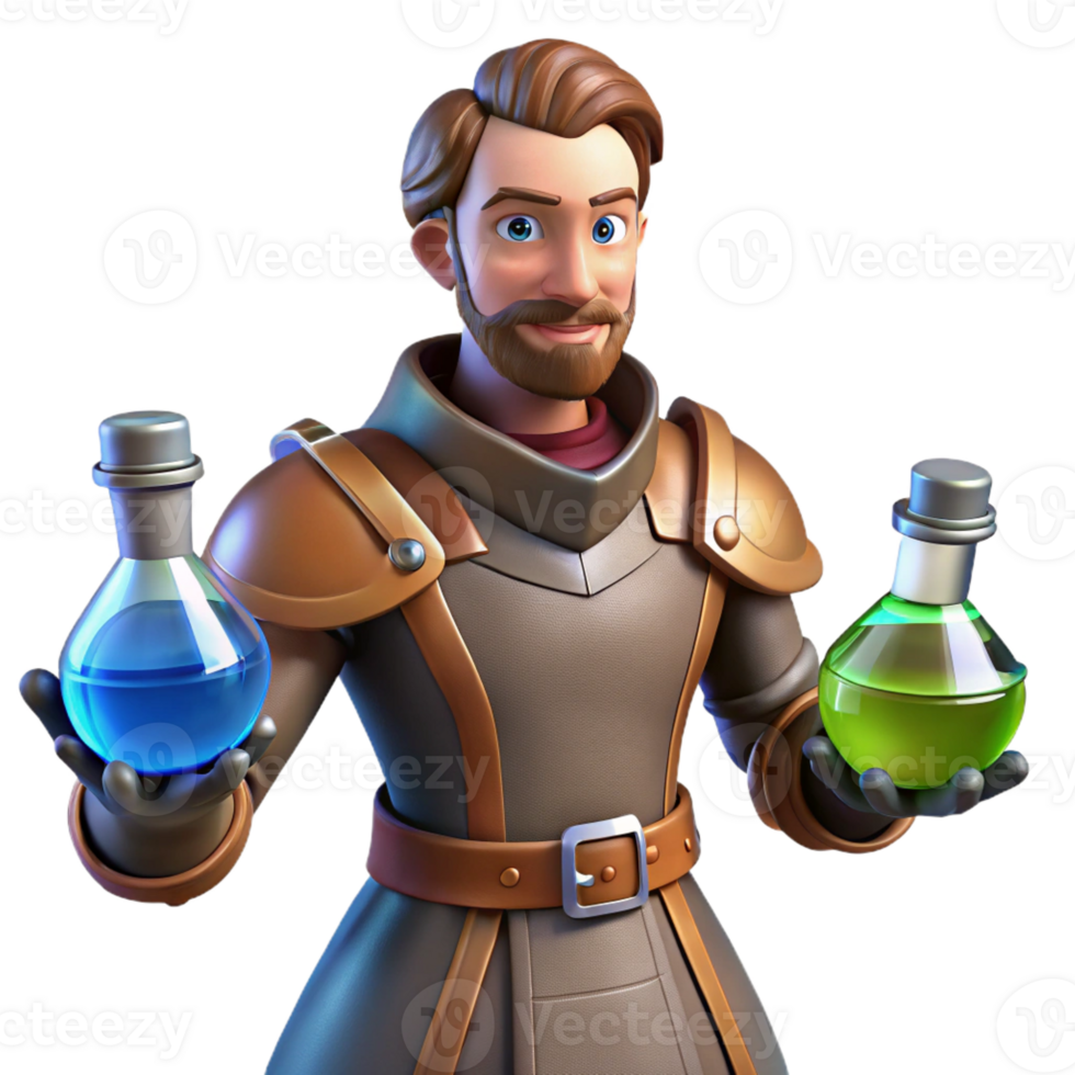serene contemporary 3D Alchemist Knight with Potions authentic png
