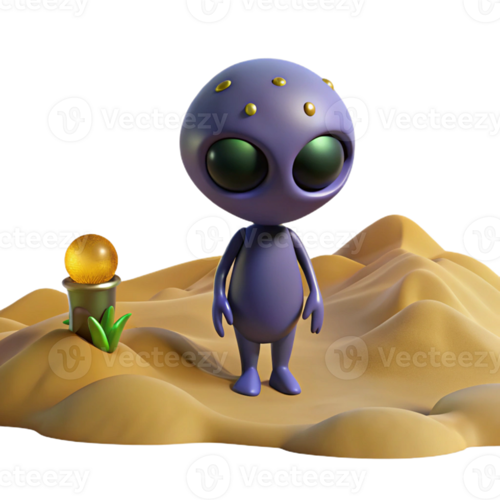 extraordinary vintage Cute Alien in Desert 3D Render high quality png
