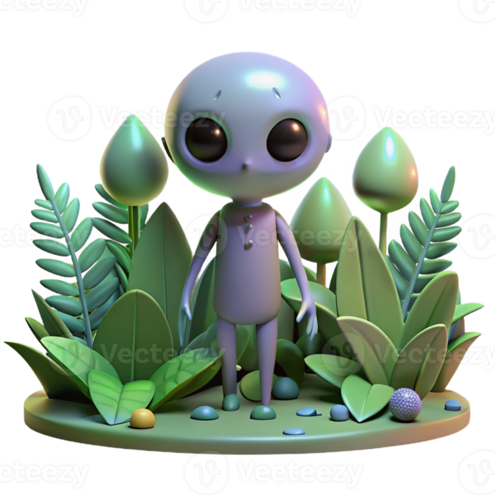 dramatic abstract Cute 3D Alien in Lush Greenery premium png