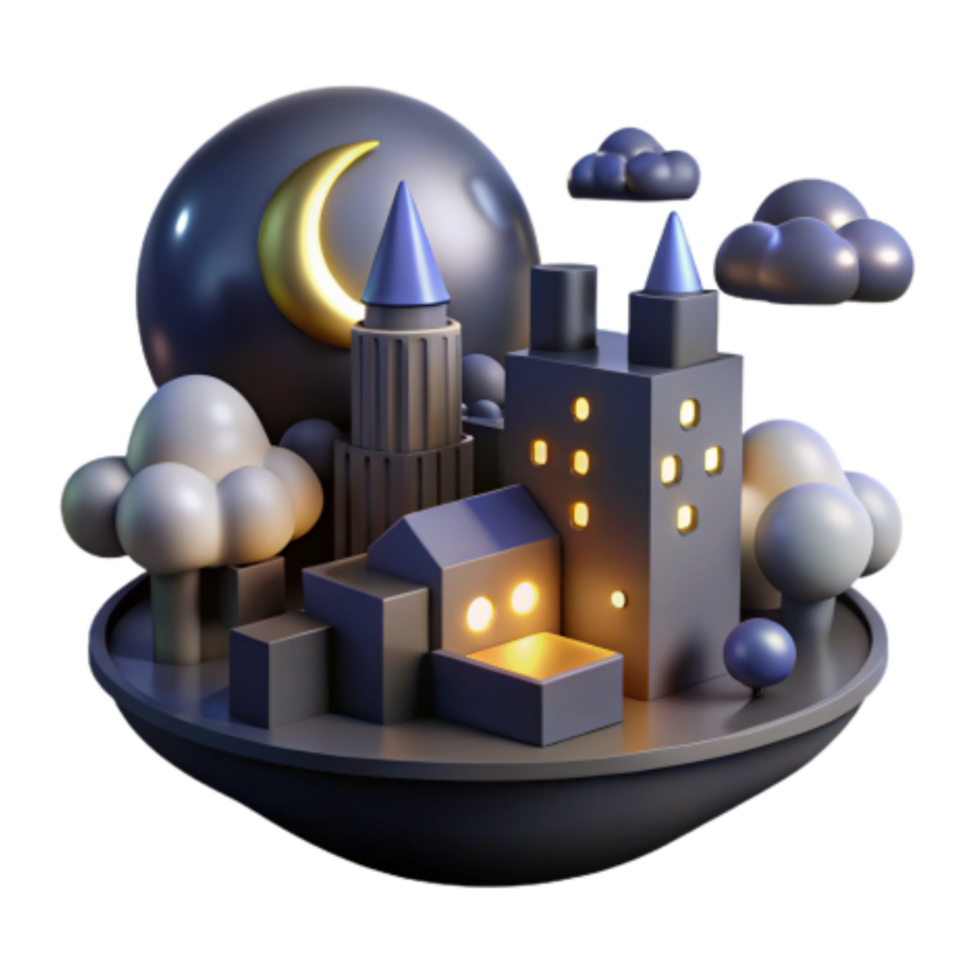 beautiful classic Night Cityscape 3D Render of Illuminated Buildings high quality png