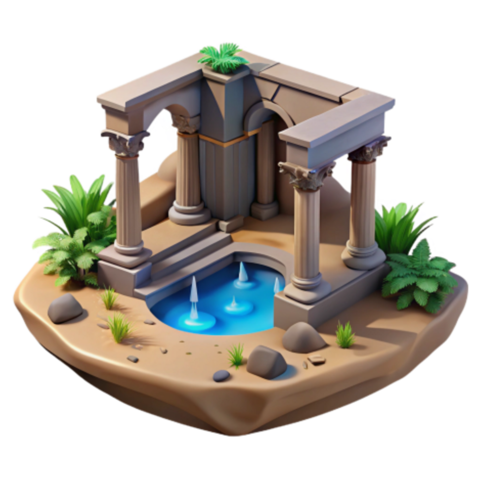 serene traditional Ancient Oasis 3D Render of Ruins with Pool high resolution png