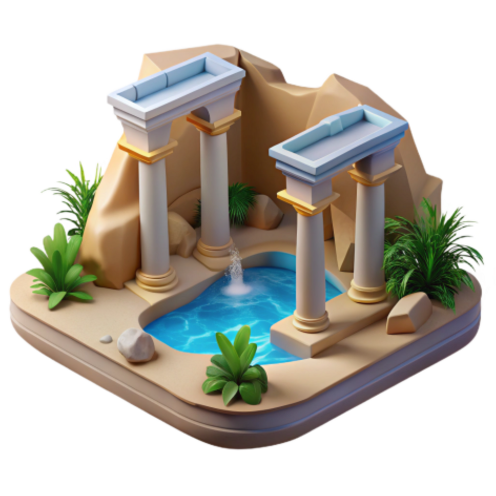 stunning classic Ancient Oasis 3D Render of Columns, Pool, and Plants high quality png