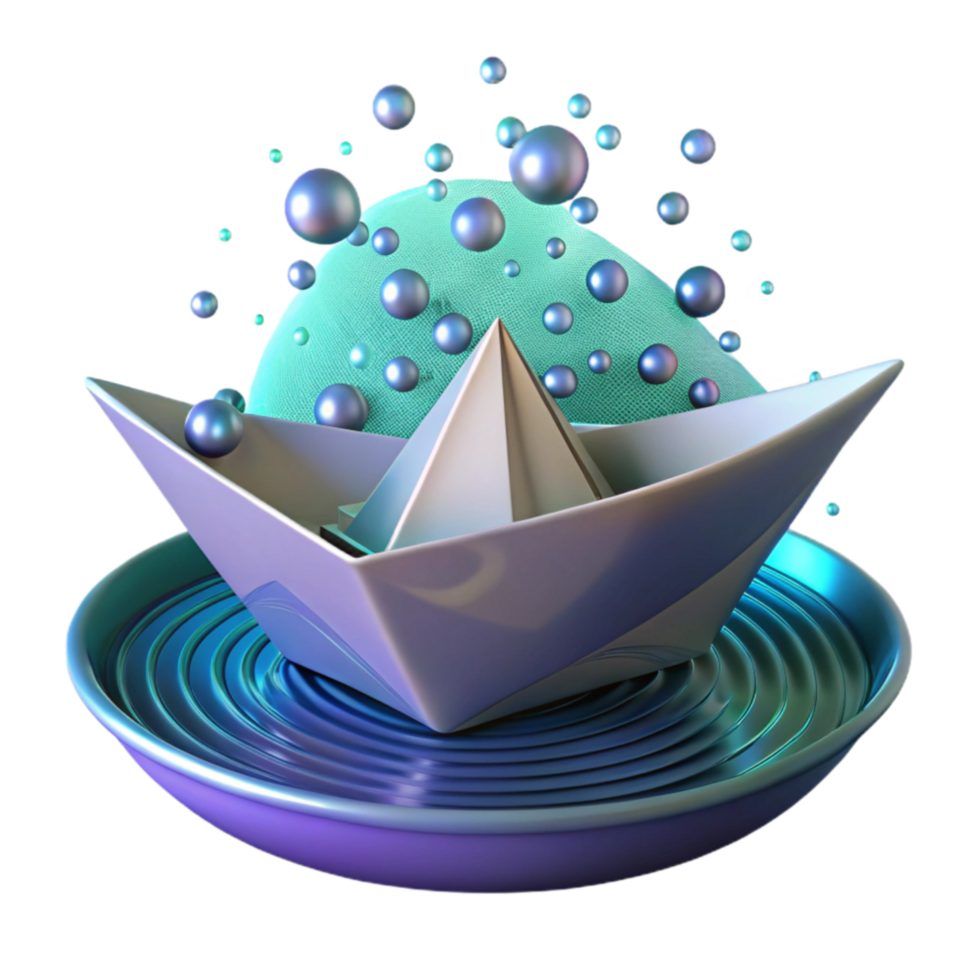 beautiful classic Paper Boat on Water with Floating Spheres high quality png
