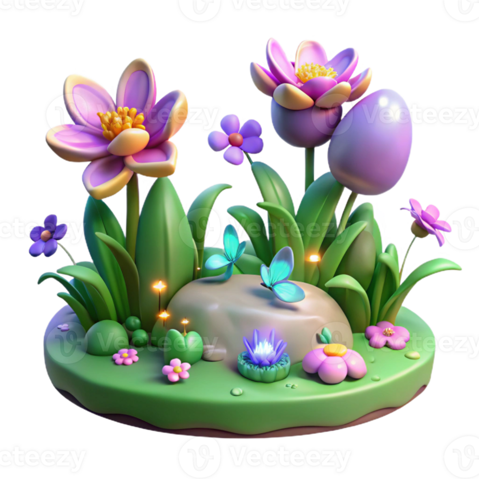 beautiful classic 3D Render Spring Flowers, Butterflies, Egg authentic png