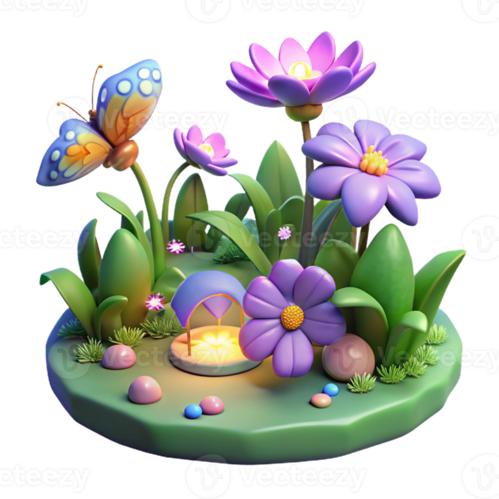 stunning vintage 3D Cartoon Garden with Flowers and Butterfly genuine png