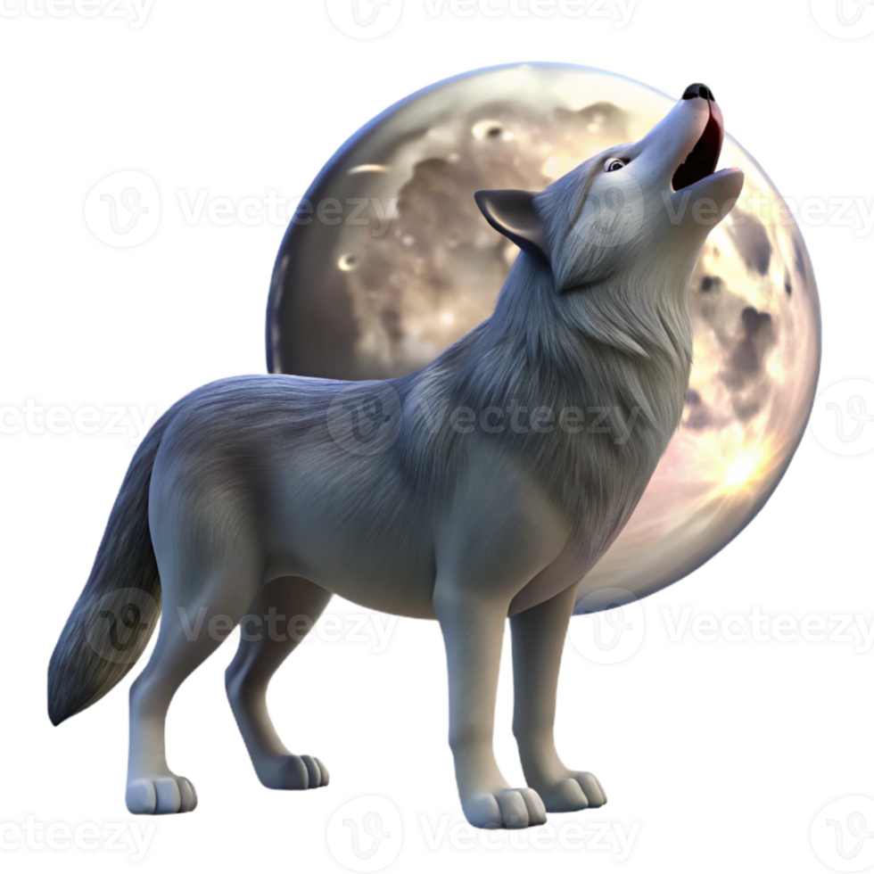 dramatic artistic 3D Wolf Howling at the Moon high resolution png
