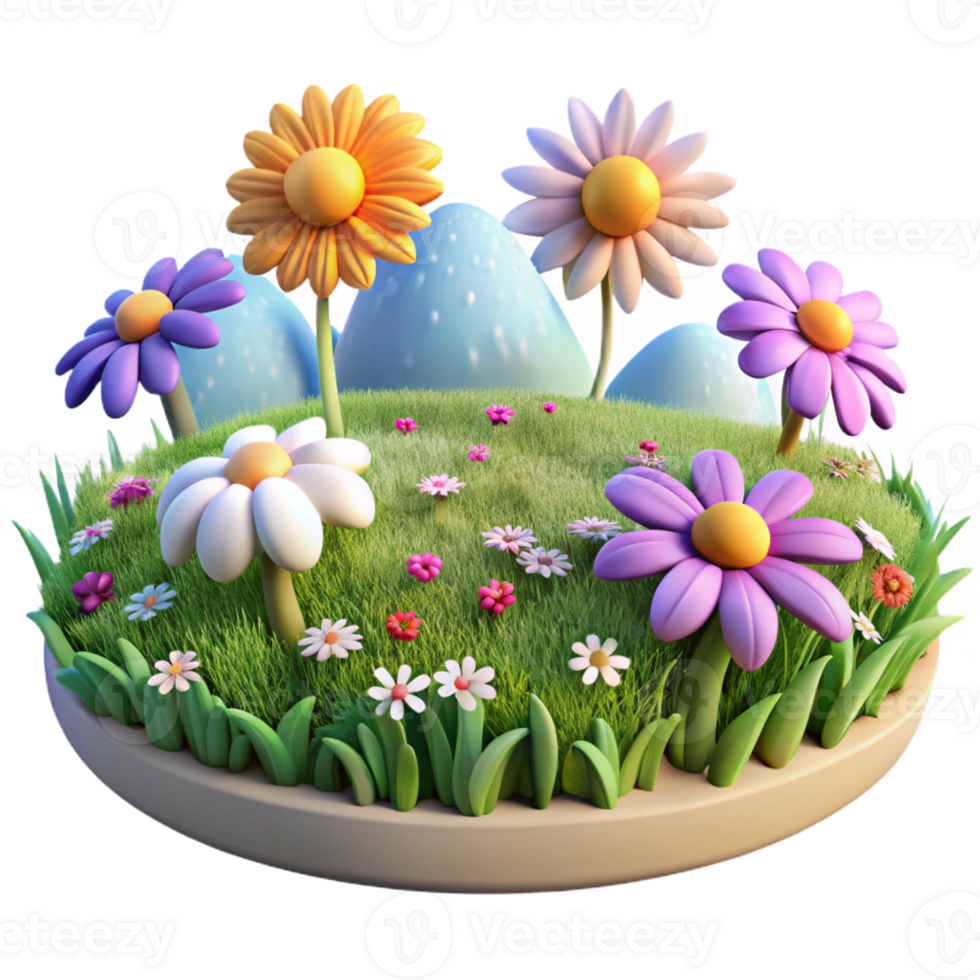 dramatic vintage 3D Cartoon Spring Flowers and Grass detailed png
