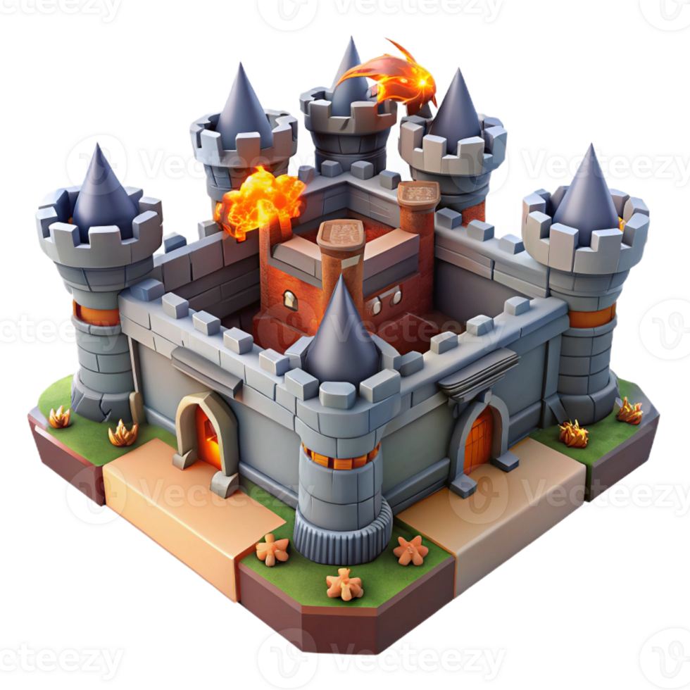beautiful vintage Fiery Castle 3D Render 4K png