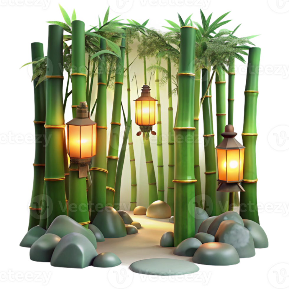 dramatic contemporary 3D Bamboo Forest with Lanterns Illustration authentic png