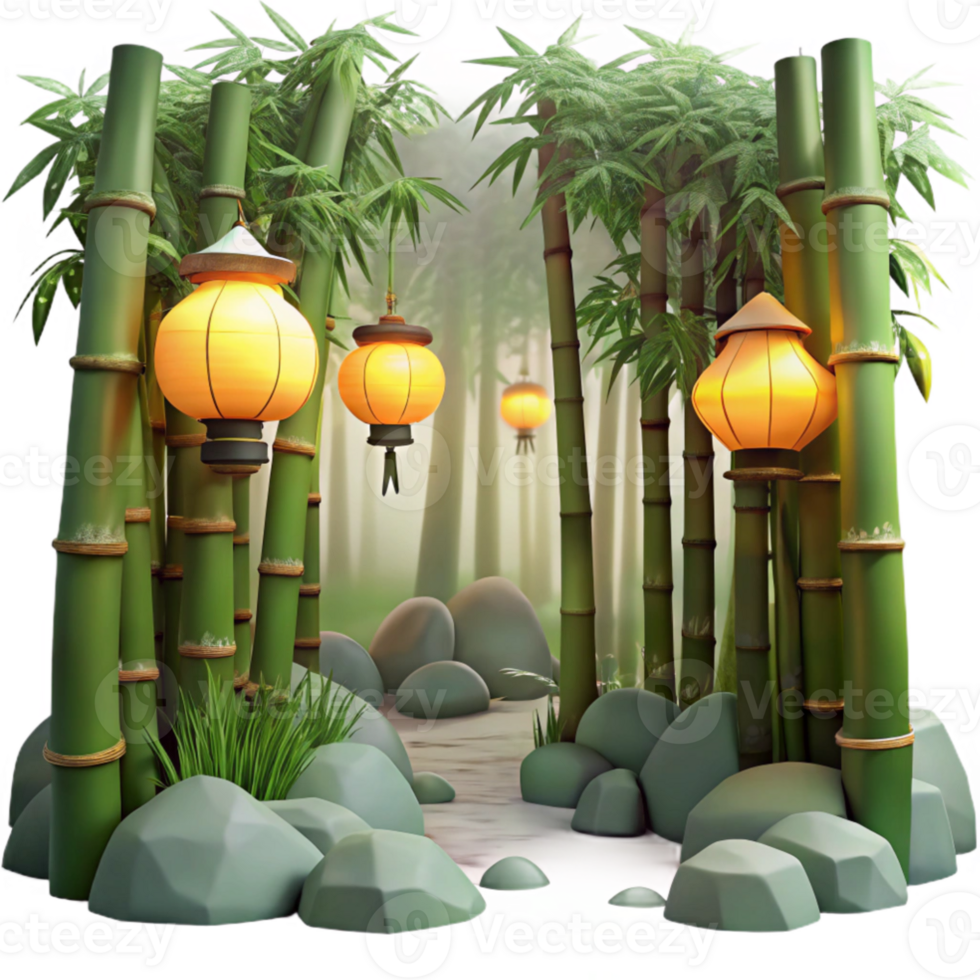stunning traditional 3D Bamboo Forest with Lanterns Illustration high resolution png
