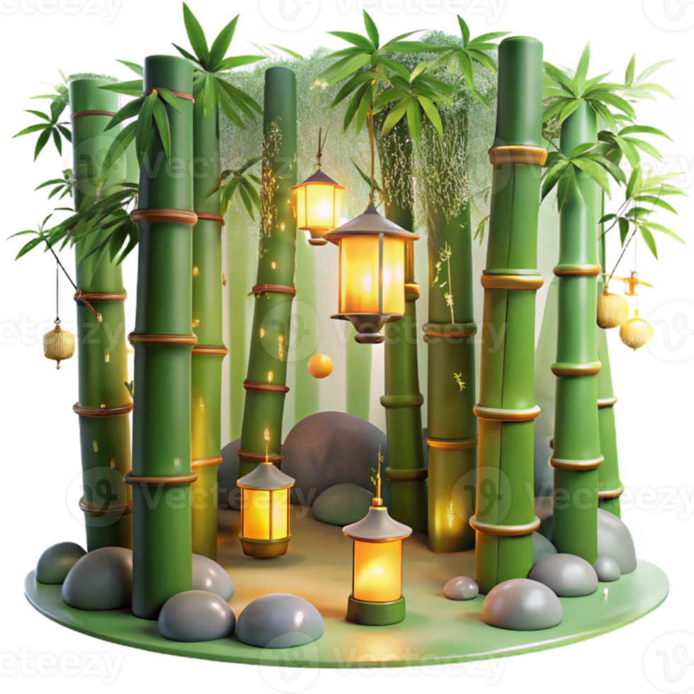 elegant vintage 3D Bamboo Forest Lantern Illustration authentic png