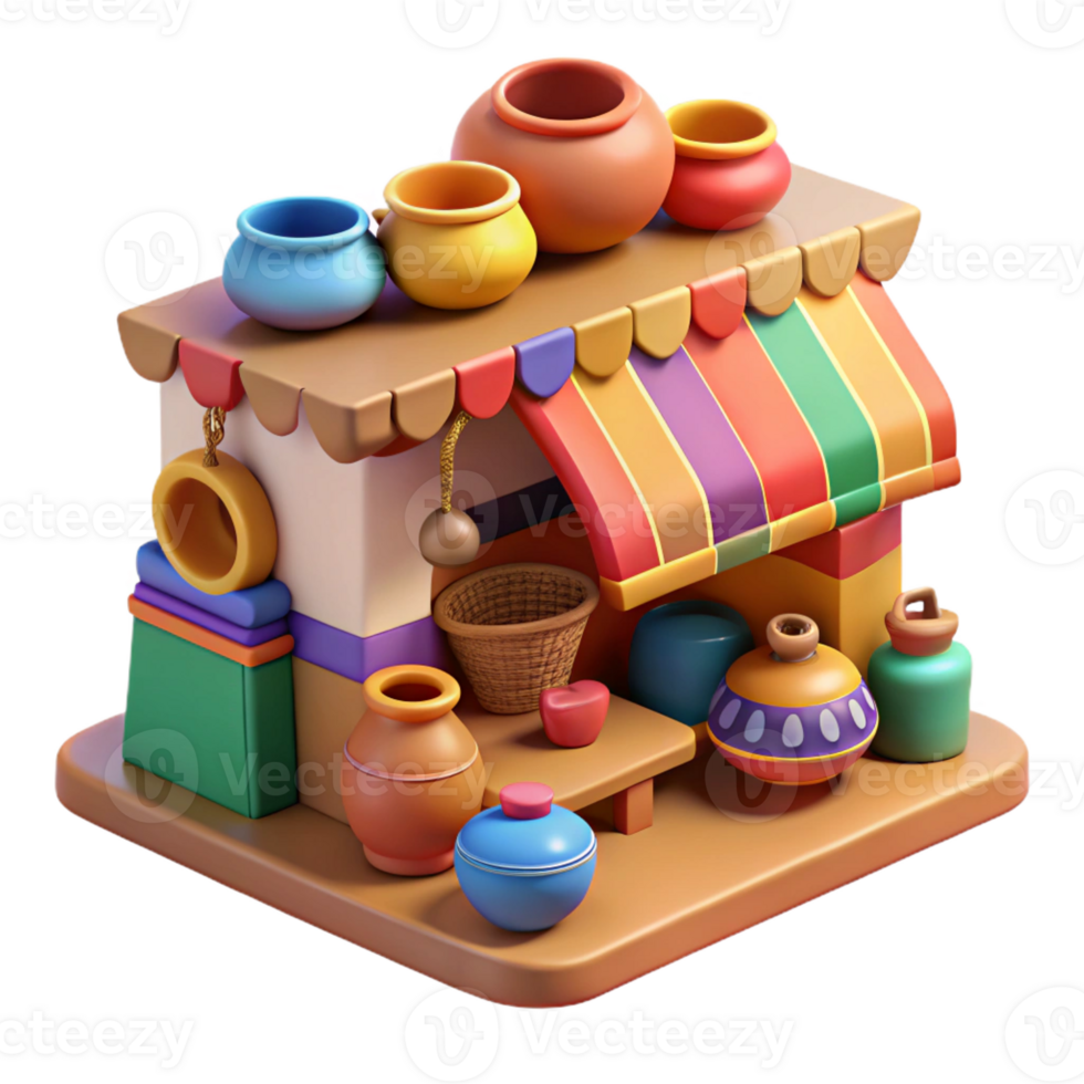 serene artistic 3D Render Colorful Pottery Shop Illustration exclusive png
